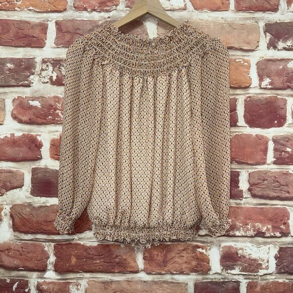 Max Studio Top Shirt Women's XS Multicolor Abstract Smocked Neck Ruffle Popover - Picture 4 of 8